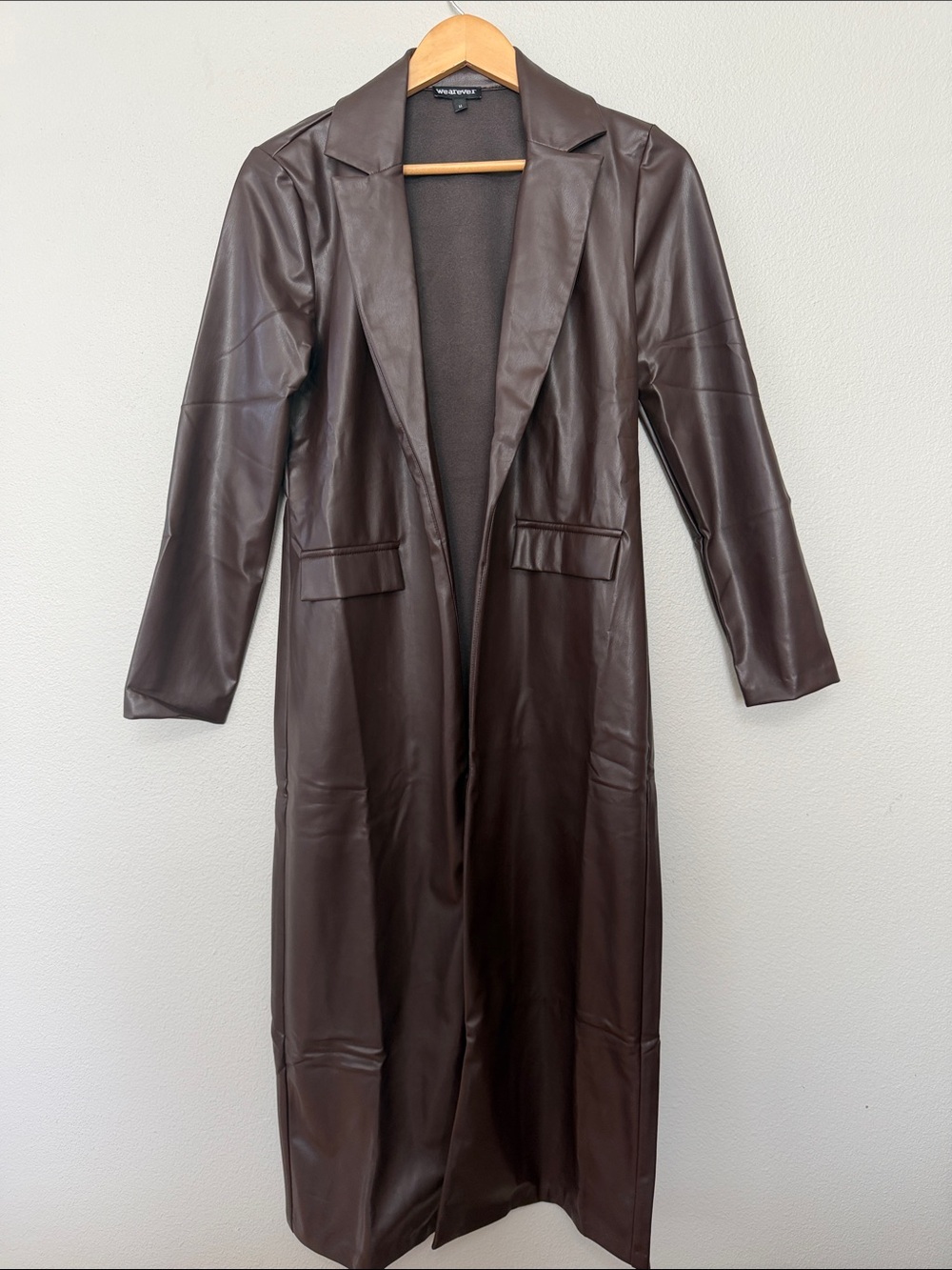 Faux Leather Longline Trench Coat - Dark‎ Brown Wearever